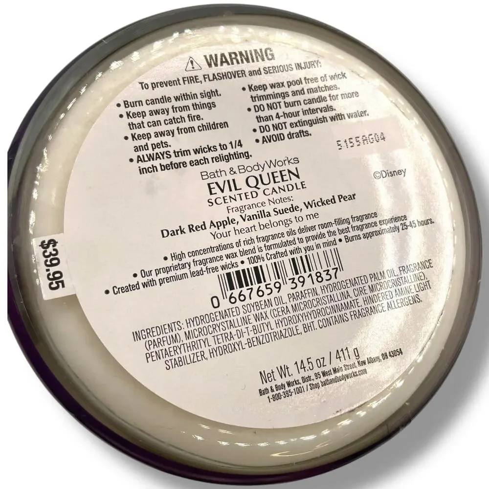 Disney Villains Evil Queen 3 Wick Candle Snow White Limited Edition Lid BBW Gift